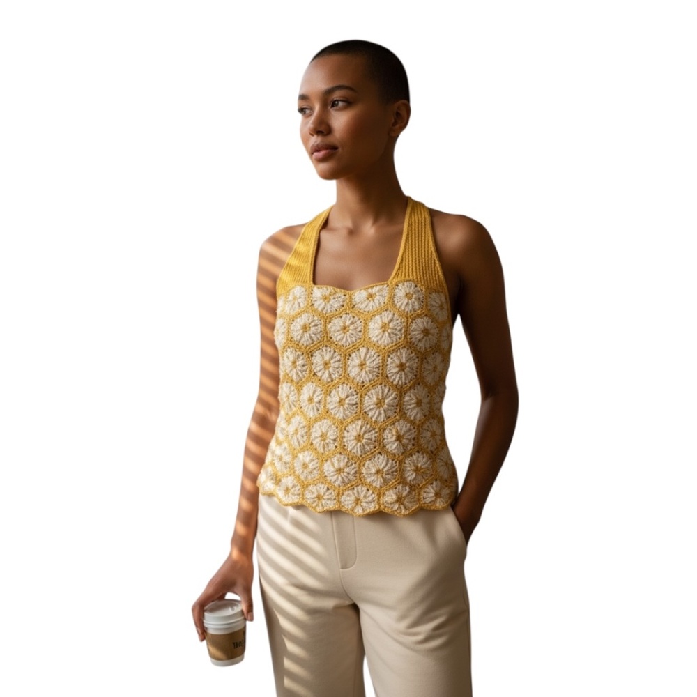 Knitted and Knotted‎ Raffia One-Of-A-Kind Crochet Daisy Blouse, Size Medium